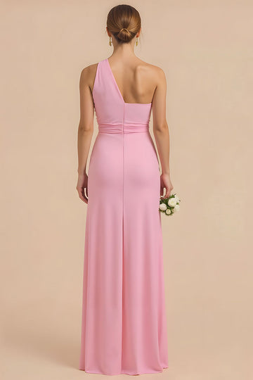 Candy Pink Sheath One Shoulder Long Bridesmaid Dress